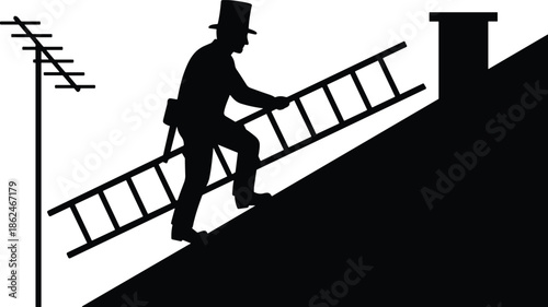Chimney sweep silhouette climbing rooftop with ladder, traditional roof maintenance and urban service concept, vintage worker illustration, black silhouette isolated on white background