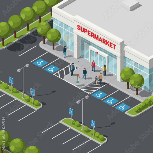 Isometric Supermarket Building with Parking Lot.