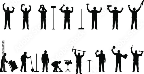 Construction Worker Silhouette Vector Set with Tools and Equipment, Professional Laborer Poses for Industry, Repair and Building Projects Isolated on White Background