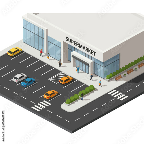 3D Supermarket Building with Parking Lot.
