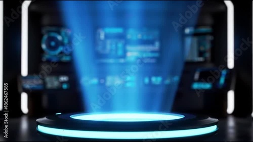 A futuristic presentation stage with blue lighting Technology Science