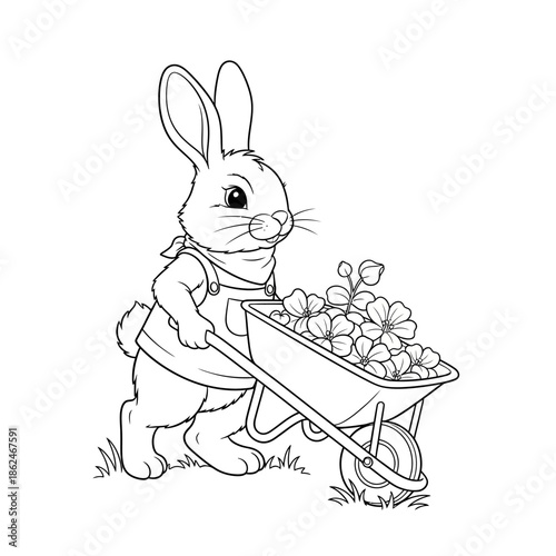Cute Bunny Pushing Wheelbarrow Full of Flowers Coloring Page.