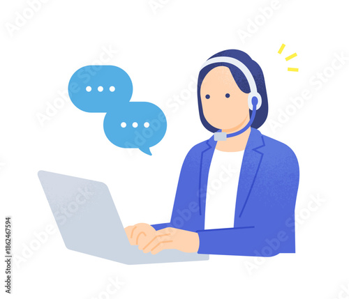 ヘッドセットで通話しながらPC入力するオペレーター。インカムをつけ問い合わせ対応する女性。