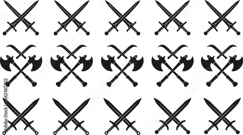 Crossed sword and battle axe silhouette icon set showing medieval weapon symbols in black and white for warrior emblem heraldry and game design use