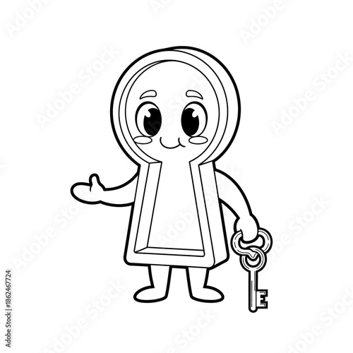 Cute Keyhole Character Holding a Key Line Art Illustration.