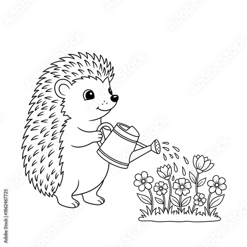 Cute Hedgehog Watering Flowers Coloring Page.