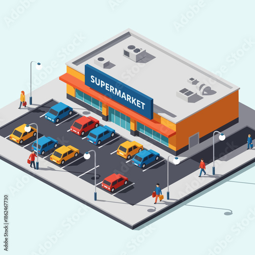 Isometric View of Supermarket Building and Parking.