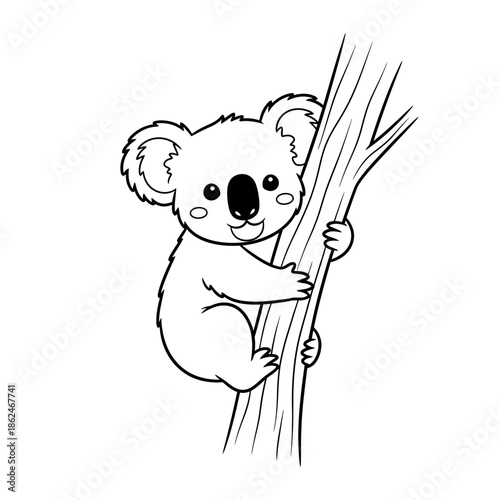 Cute koala bear climbing tree branch cartoon illustration.