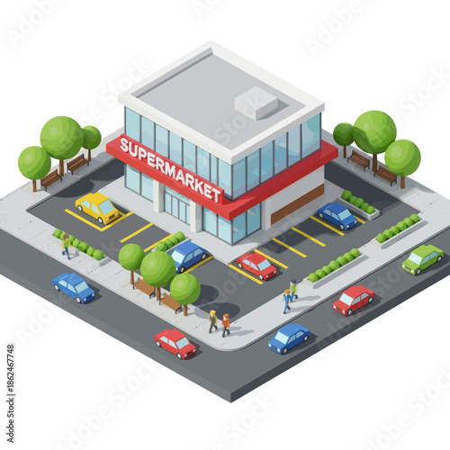 Isometric Supermarket Building with Parking Lot.