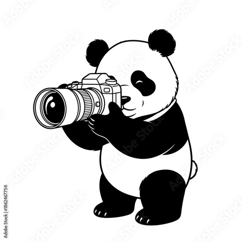 Cute Panda Bear Photographer with Camera Black and White Illustration.