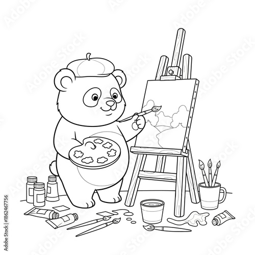 Cute Panda Bear Artist Painting on an Easel.