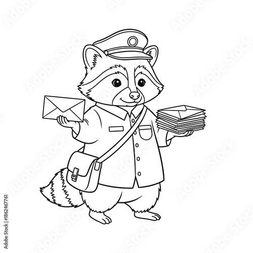 Cute Raccoon Postman Delivering Mail Coloring Page.