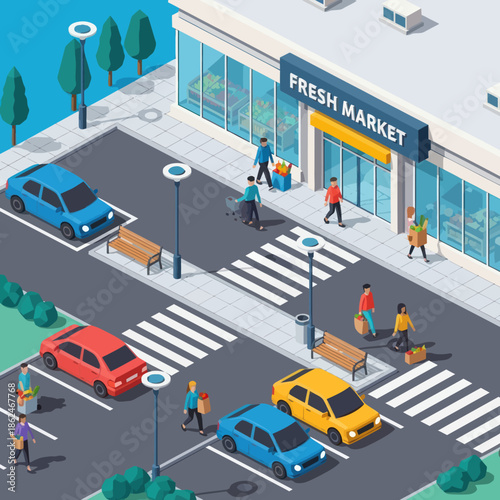 Isometric View of Fresh Market Scene.