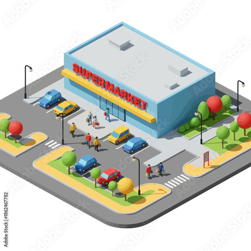Isometric View of Supermarket with Parking.