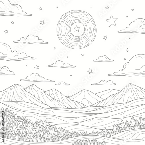 Detailed Line Art of a Mountainous Landscape with Forest and Moon.