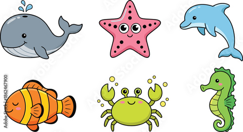 Cute cartoon sea animals illustration set with whale dolphin starfish fish crab seahorse for kids stickers nursery and educational design