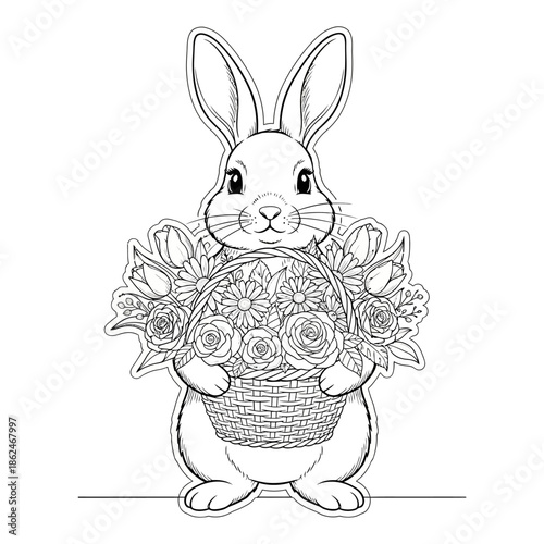 Adorable Easter Bunny Holding a Basket of Flowers Coloring Page.