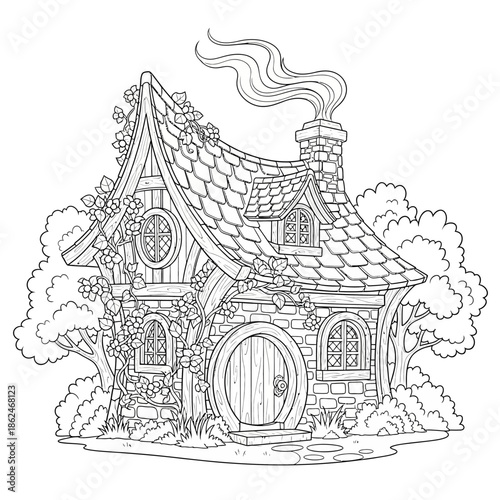 Charming Fantasy Cottage with Round Door and Smoking Chimney.