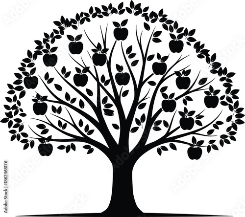 Black Apple Tree Silhouette Vector with Large Spreading Canopy Bearing Fruit for Garden Orchard Farming Harvest and Healthy Food Branding