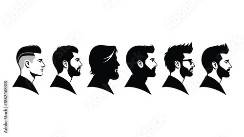 A collection of diverse male profile silhouettes showcasing varying hairstyles and facial hair