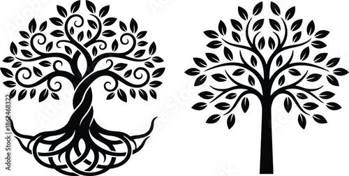 Decorative tree of life silhouette set illustration with roots and leaves, symbolic nature growth vector art in black and white