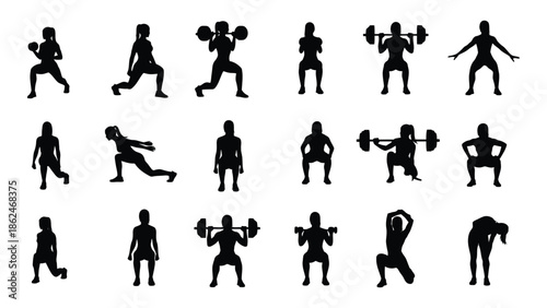 Silhouettes of athletes performing various weightlifting and exercise poses