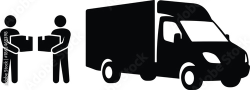 Delivery Service Silhouette with Courier Truck and Workers Carrying Boxes, Logistics and Shipping Concept, Transportation, Supply Chain, Business Illustration