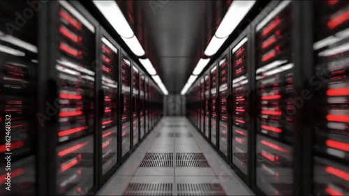 A long corridor of server racks with red and white lights stretches into the distance in a data center.