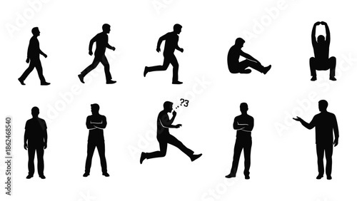 Silhouette depictions of people in various poses and actions