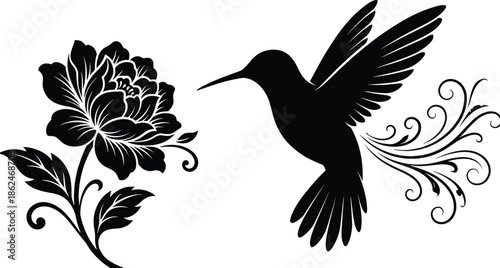 Elegant black hummingbird and floral silhouette illustration with decorative swirls, minimalist nature art design for tattoos, logos, and wall decor