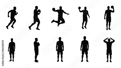Silhouettes of athletic men in various running and jumping poses