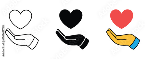Hand Holding Heart Vector Icon Symbol, Including Heart Care and Heart in Hand Icons, Illustrating Healthcare, Charity, Donation, and Giving Aid, Vector Graphics for Social Campaigns, Medical Apps, and