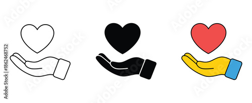 Hand Holding Heart Vector Icon Symbol, Heart Care Hand Icon, Heart in Hand Icons Set, Representing Healthcare, Donation, and Giving Aid Concepts, Vector Illustration for Medical, Charity, Social Work