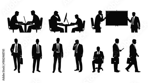 Silhouettes of business people in meeting and individual poses vector illustration