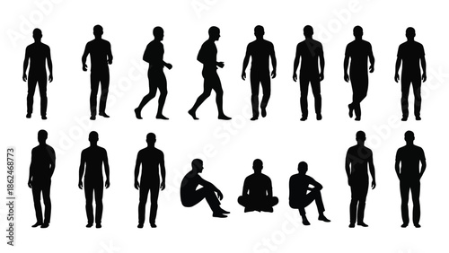 Silhouettes of people in various poses and activities displayed in a grid formation