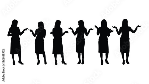 Silhouette series of women with arms outstretched in a questioning gesture