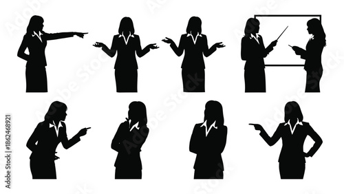 Silhouette set showcasing diverse businesswoman poses and presentation gestures