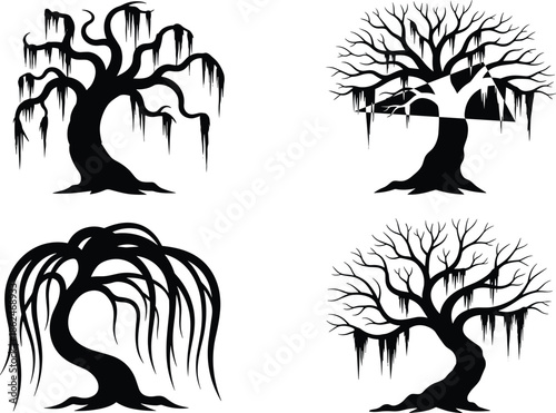Black spooky tree silhouettes set with weeping willow and dead branch elements isolated on white background for Halloween nature design
