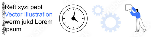 Time management, productivity, teamwork, business strategy, project planning, organization. Clock and gear symbols with a person working. Time management and productivity