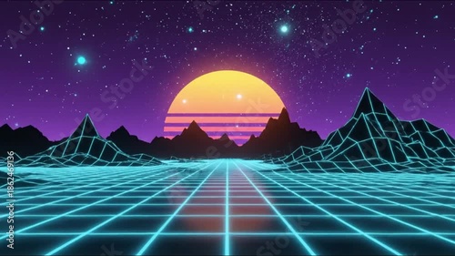 Vibrant sunset over futuristic grid landscape with neon lines and mountains