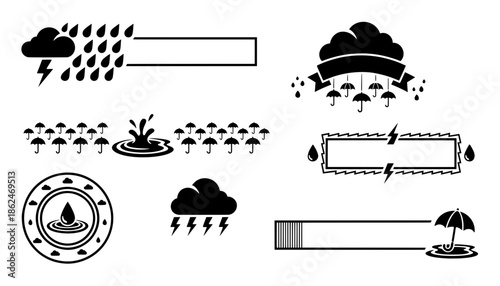 Heavy rain weather vector collection with storm cloud lightning and umbrella silhouette for meteorology warning or forecast alert design.
