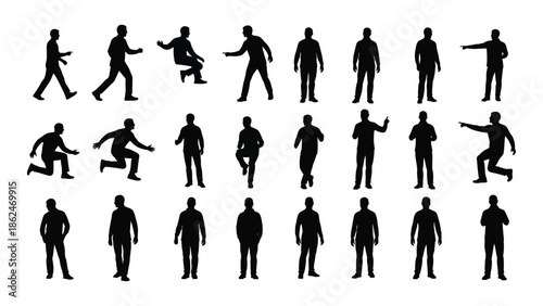 Silhouettes of people in various dynamic poses and human activity illustrations