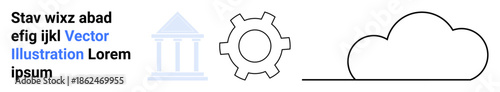 Bank building, gearwheel, cloud illustration symbolizing finance, technology, and connectivity concepts. Ideal for fintech, security, collaboration, process improvement innovation automation