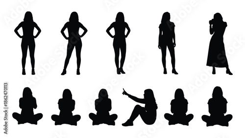 Silhouettes of women in various poses and clothing styles displayed in black