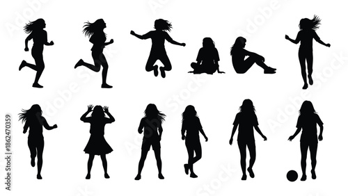 Silhouettes of children playing and jumping dynamic poses in black and white