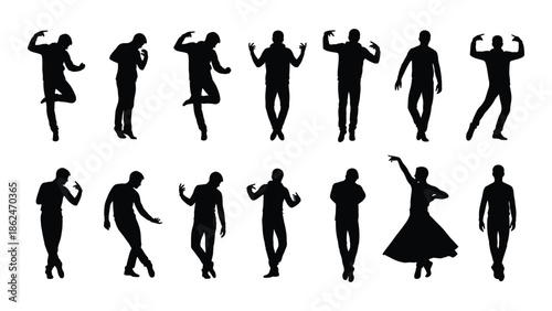 Silhouettes of people in various dynamic poses and activities showing movement