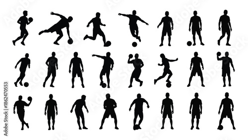 Silhouettes of people playing soccer showcasing different athletic poses and actions