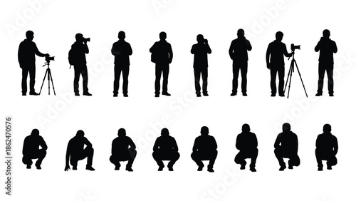 Silhouettes of people standing sitting and a photographer with equipment