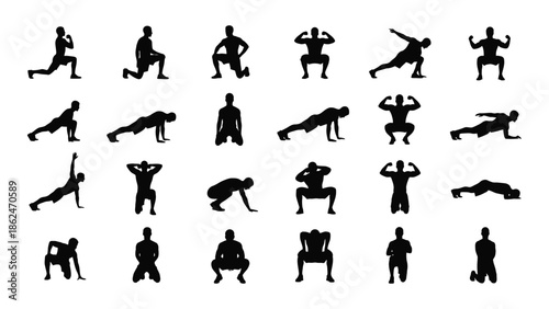 Silhouettes of people performing various athletic exercises and dynamic movements