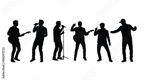 Silhouette of a band performing live on stage with musical instruments